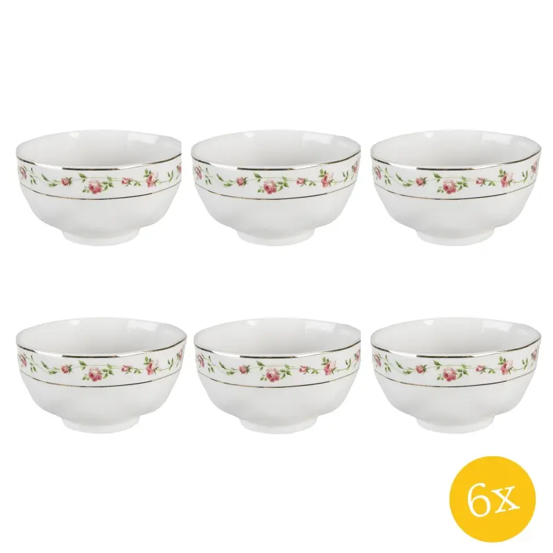 Express Levering Clayre & Eef Soepkom set van 6 stuks 300 ml Wit Roze Porselein Rond Bloemen Serveerkom