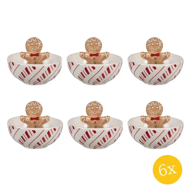 Merkproduct Clayre & Eef Decoratie schaal set van 6 stuks schaal 250 ml Wit Rood Keramiek Gingerbread man Serveerkom