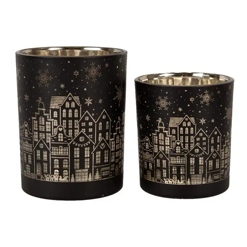 Tijdelijk Beschikbaar Clayre & Eef Theelichthouder Set van 2 Ø 9x10 / Ø 10x12 cm Zwart Glas Huizen