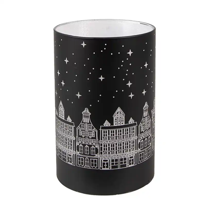 Clayre & Eef Waxinelichthouder met LED Ø 8x12 cm Zwart Zilverkleurig Glas Shop Nu
