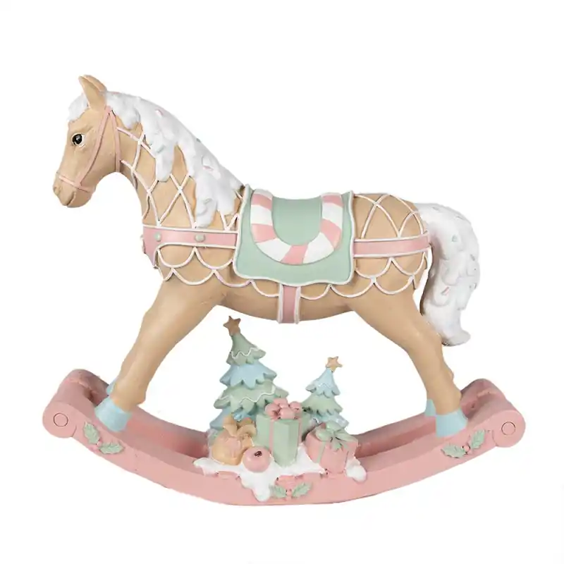 Premium Clayre & Eef Kerstdecoratie Beeld Hobbelpaard 41x10x37 cm Beige Roze Kunststof