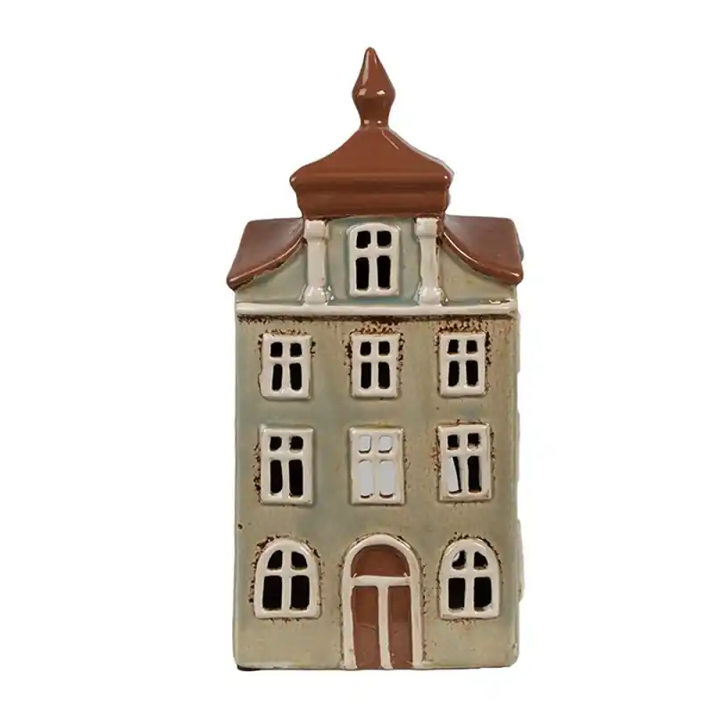 Clayre & Eef Waxinelichthouder Huis 12x9x25 cm Groen Bruin Keramiek Gratis Retour