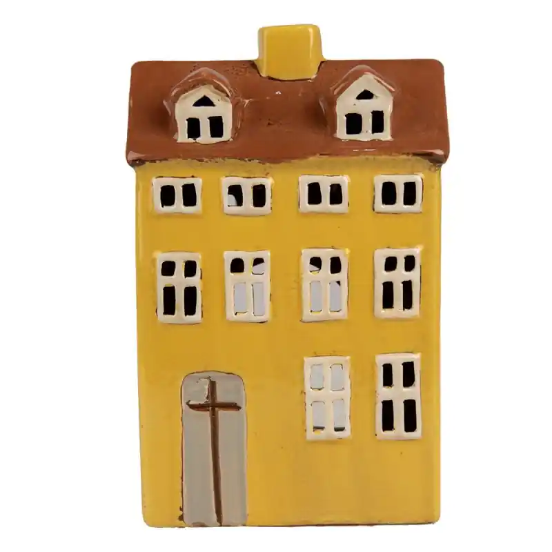 Fabrieksprijs Clayre & Eef Waxinelichthouder Huis 12x8x18 cm Geel Bruin Keramiek