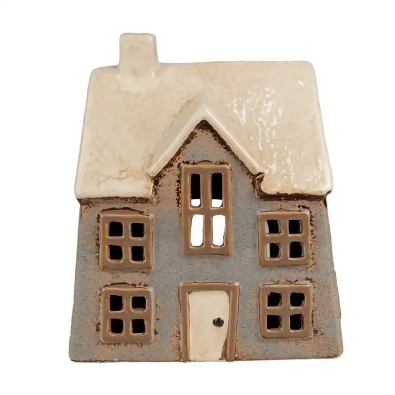 Clayre & Eef Waxinelichthouder Huis 15x10x17 cm Grijs Beige Keramiek Betaalbaar