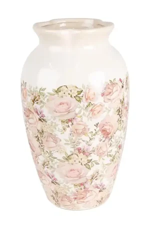 Aanbieding Clayre & Eef Vaas Ø 21x37 cm Beige Roze Keramiek Rozen