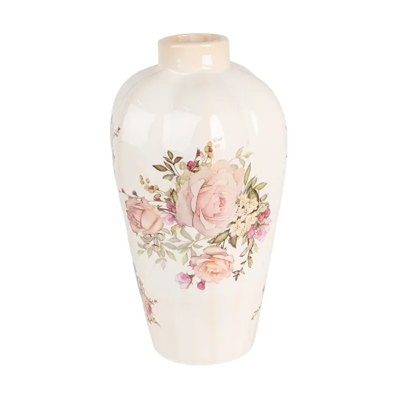 Clayre & Eef Vaas Ø 17x30 cm Beige Roze Keramiek Rozen Meest Verkocht
