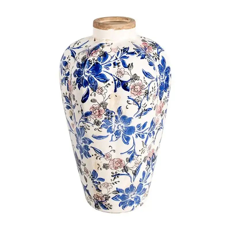 Clayre & Eef Vaas Ø 21x35 cm Beige Blauw Keramiek Bloemen Shop Nu