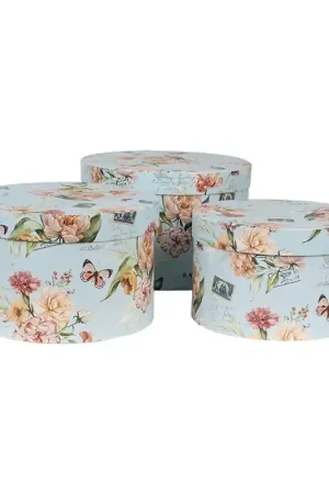Exclusieve Aanbieding Clayre & Eef Opbergdoos Set van 3 Ø 24x16 / Ø 22x15 / Ø 21x13 cm Blauw Karton Bloemen