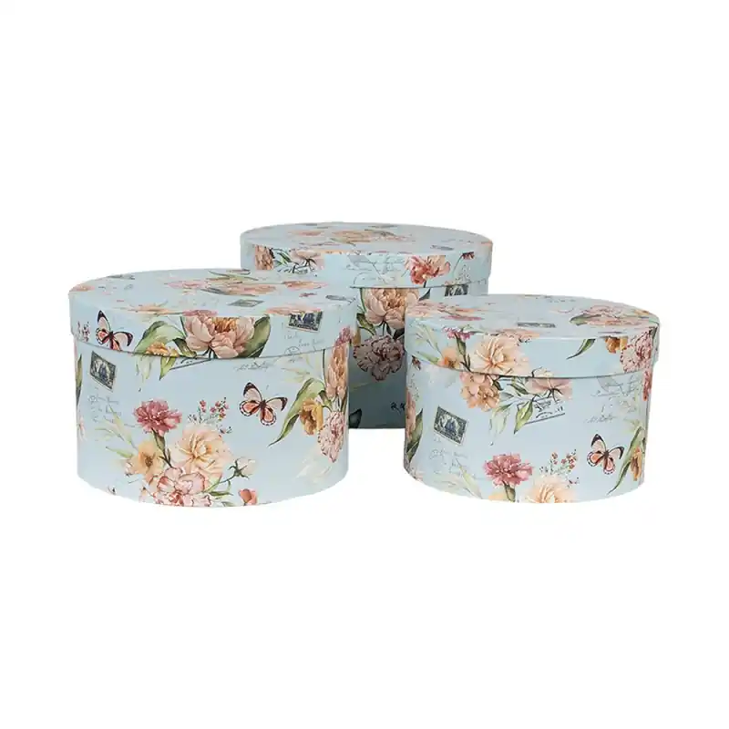 Exclusieve Aanbieding Clayre & Eef Opbergdoos Set van 3 Ø 24x16 / Ø 22x15 / Ø 21x13 cm Blauw Karton Bloemen
