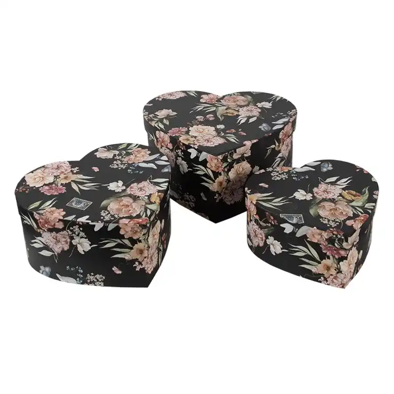 Clayre & Eef Opbergdoos Set van 3 28x26x14/24x23x12/21x20x10 cm Zwart Karton Bloemen Gereduceerde Prijs