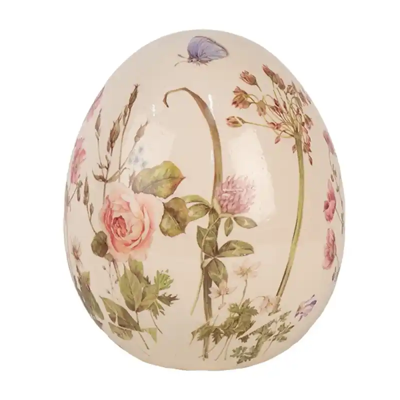 Premium Clayre & Eef Decoratie Ei Ø 14x16 cm Beige Roze Keramiek Bloemen
