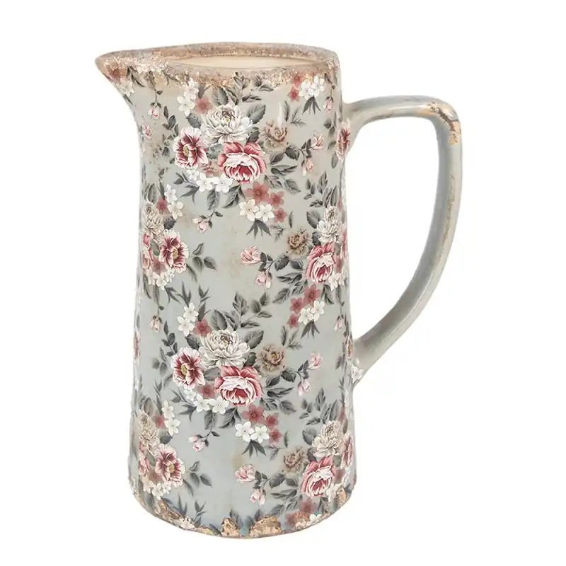 Clayre & Eef Decoratie Kan 21x14x26 cm Grijs Keramiek Bloemen Tijdelijk Beschikbaar