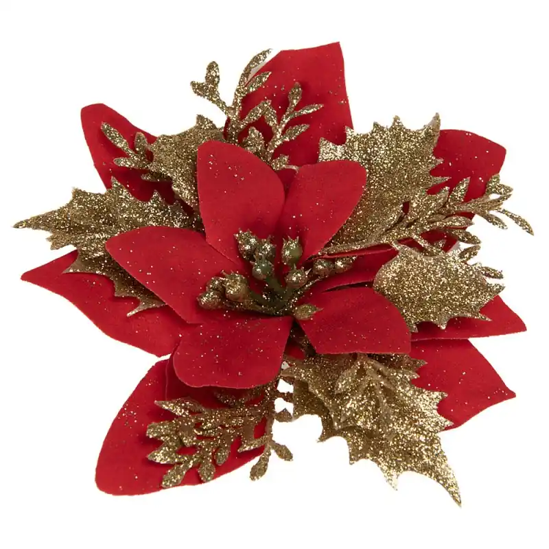 Clayre & Eef Kunstplant Kerstster Ø 14x5 cm Rood Goudkleurig Kunststof Op = Op