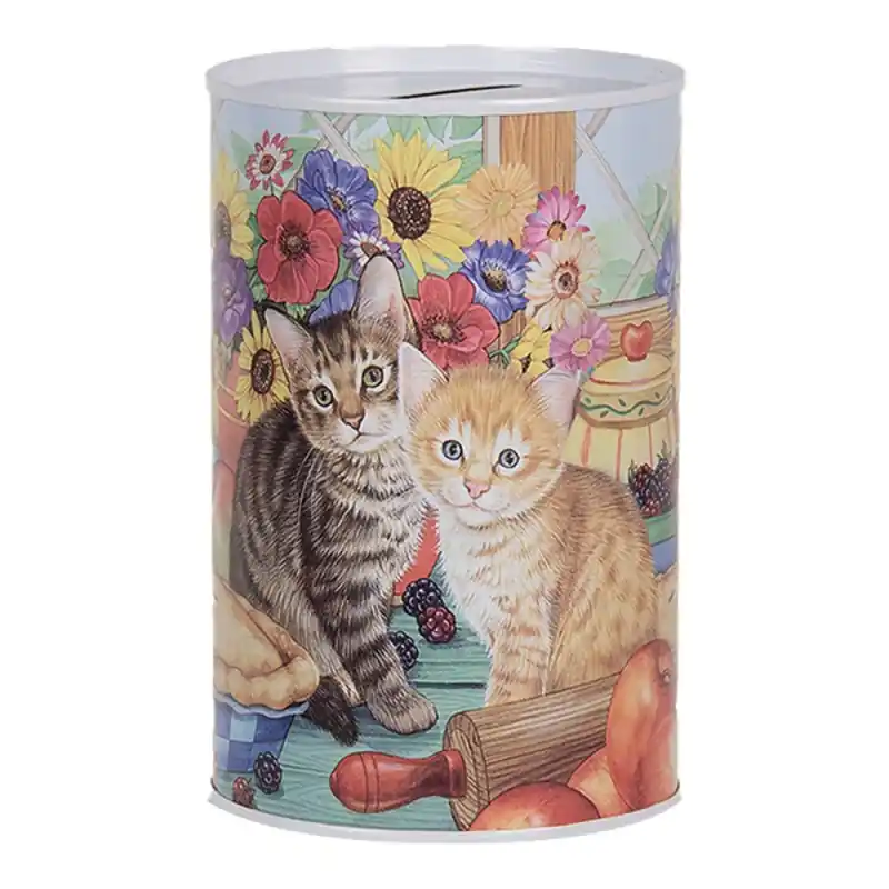 Clayre & Eef Spaarpot Ø 8x13 cm Blauw Metaal Kat Nieuw