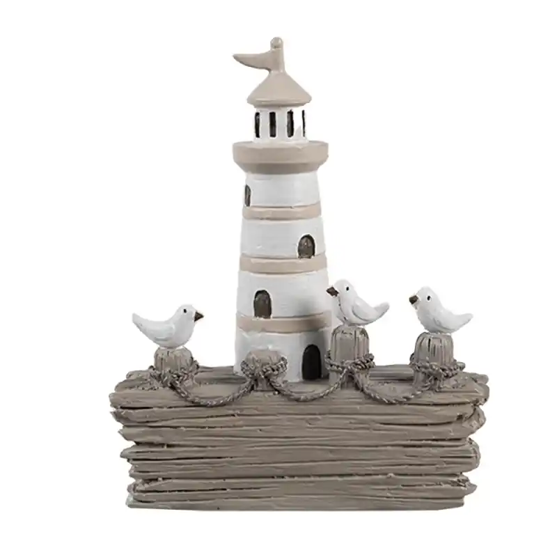 Clayre & Eef Decoratie Beeld Vuurtoren 10x4x12 cm Wit Bruin Kunststof Merkproduct