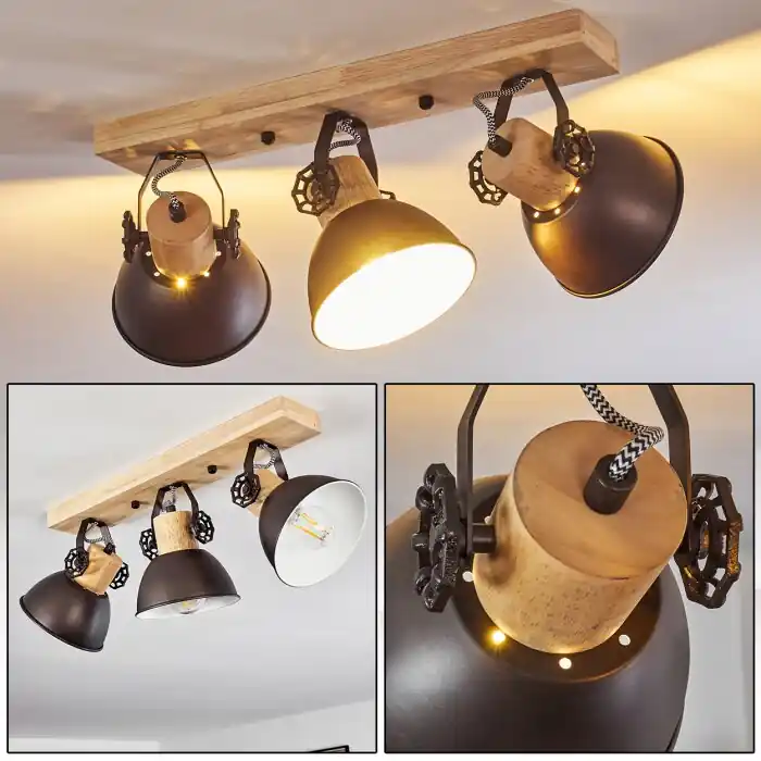 Orny Plafondlamp Antraciet, Hout licht, 3-lichts Gratis Retour