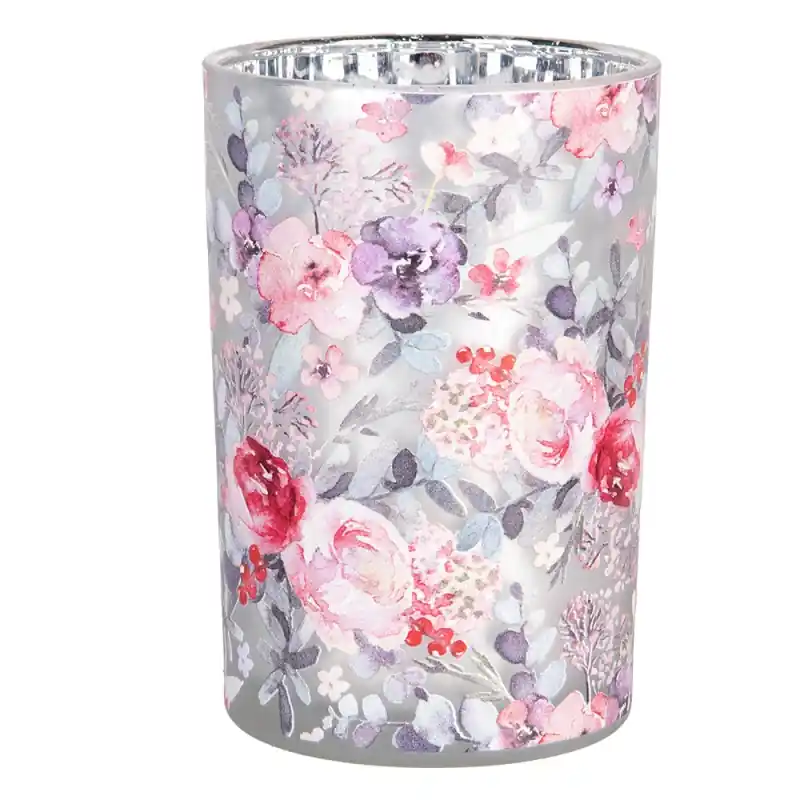 Superprijs Clayre & Eef Theelichthouder Ø 12x18 cm Grijs Roze Glas Bloemen