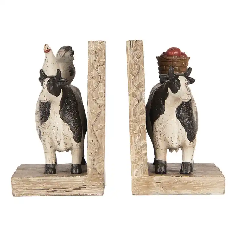 Exclusieve Aanbieding Clayre & Eef Boekensteunen Set van 2 Koe 17x10x14 cm Bruin Kunststof