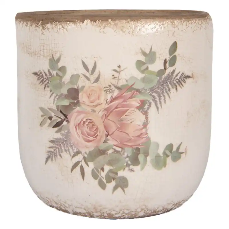 Clayre & Eef Bloempot Ø 20x19 cm Beige Keramiek Bloemen Exclusieve Aanbieding