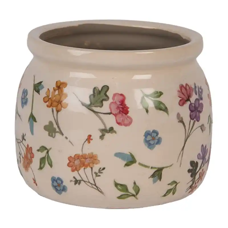 Clayre & Eef Bloempot Ø 12x10 cm Beige Keramiek Bloemen Laatste Versie