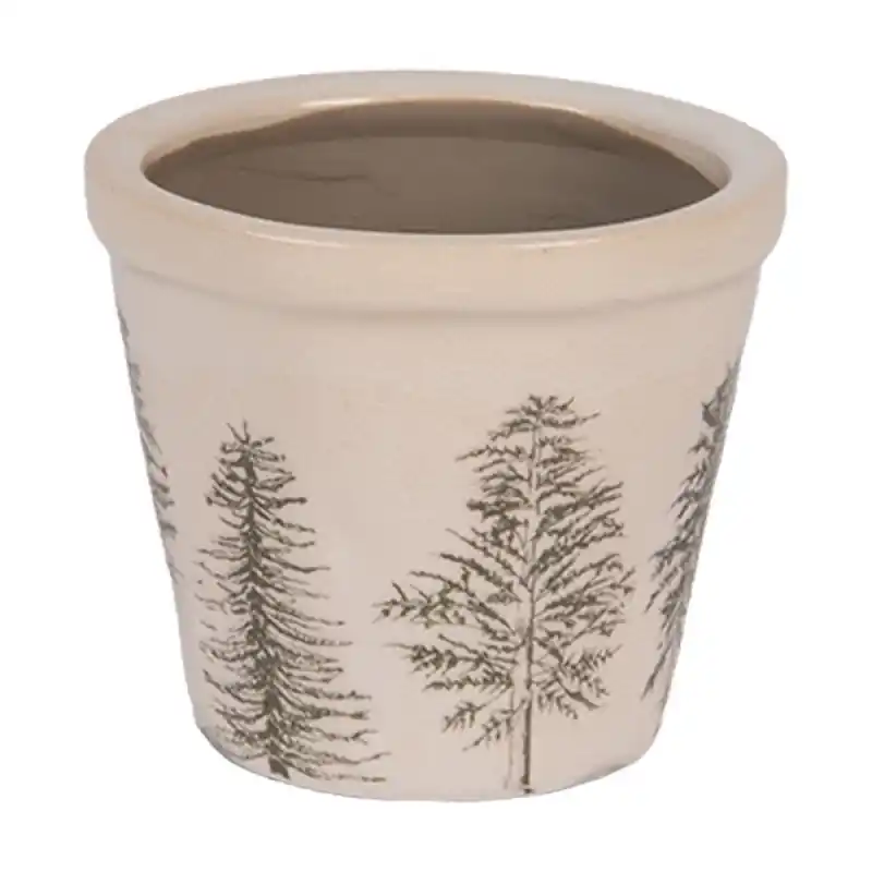 Clayre & Eef Bloempot Ø 8x7 cm Beige Keramiek Dennenbomen Express Levering