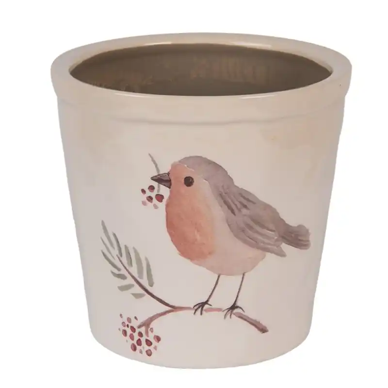 Clayre & Eef Bloempot Ø 17x16 cm Beige Keramiek Vogel Aanbieding