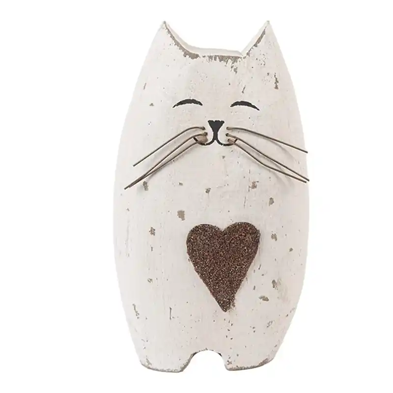 Clayre & Eef Decoratie Beeld Kat 8x6x14 cm Wit Bruin Hout Snelle Levering