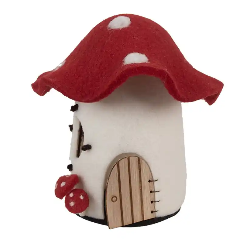 Clayre & Eef Decoratie Beeld Huis 20x20x18 cm Wit Vilt Paddenstoelen Actieprijs