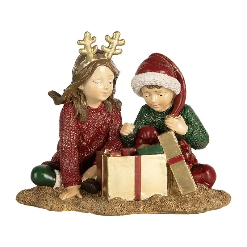 Goedkoop Clayre & Eef Kerstdecoratie Beeld Kinderen 14x9x11 cm Rood Kunststof
