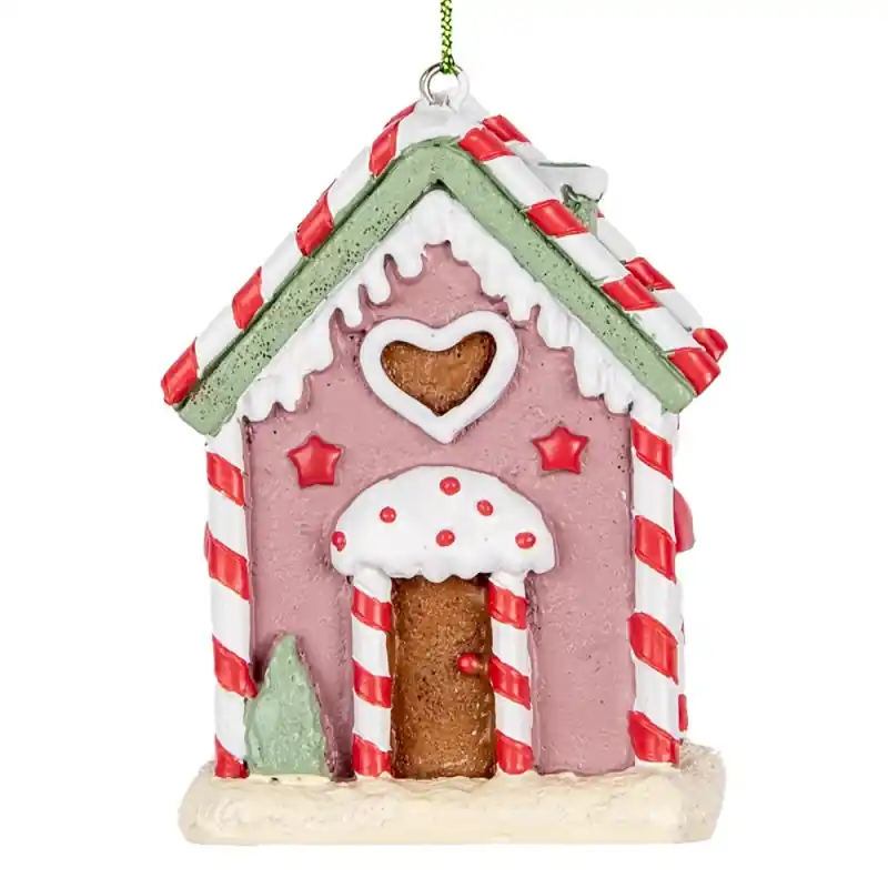 Clayre & Eef Kersthanger Gingerbread house 6x4x8 cm Roze Kunststof Finale Uitverkoop