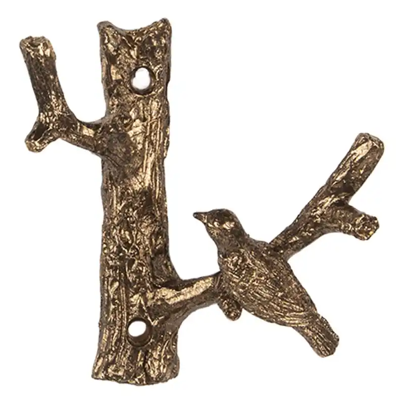 Clayre & Eef Wandhaak Vogel 9x4x9 cm Goudkleurig Metaal Seizoensaanbieding