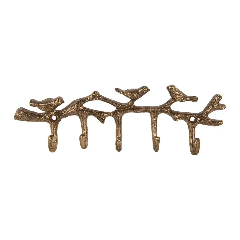 Finale Uitverkoop Clayre & Eef Wandkapstok 5 Haken Vogels 18x2x6 cm Goudkleurig Metaal