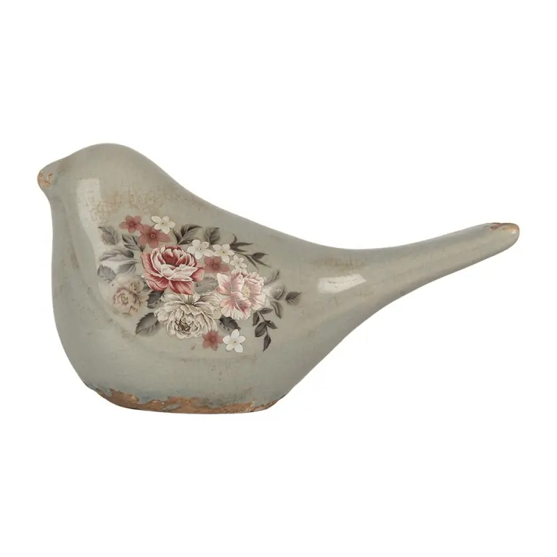 Hete Deal Clayre & Eef Decoratie Vogel 22x9x12 cm Grijs Keramiek Bloemen