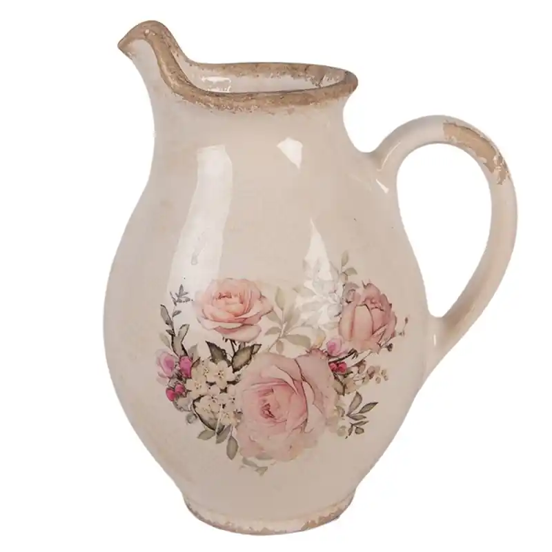 Clayre & Eef Decoratie Kan 16x12x19 cm Beige Keramiek Bloemen Beste Prijs