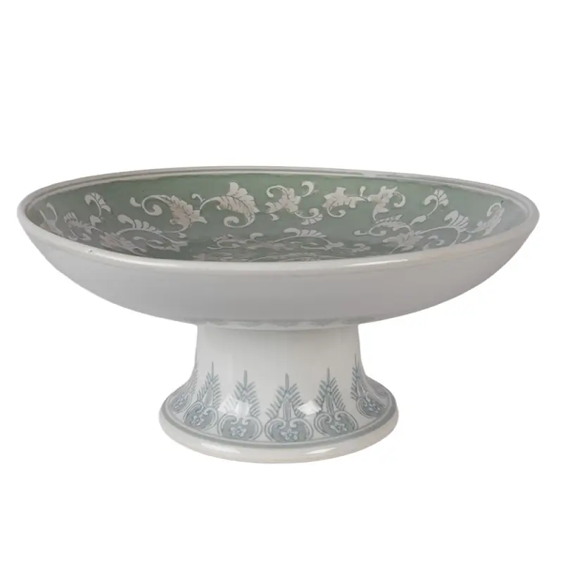 Clayre & Eef Taartplateau op Voet Ø 26x13 cm Wit Groen Porselein Veilige Betaling