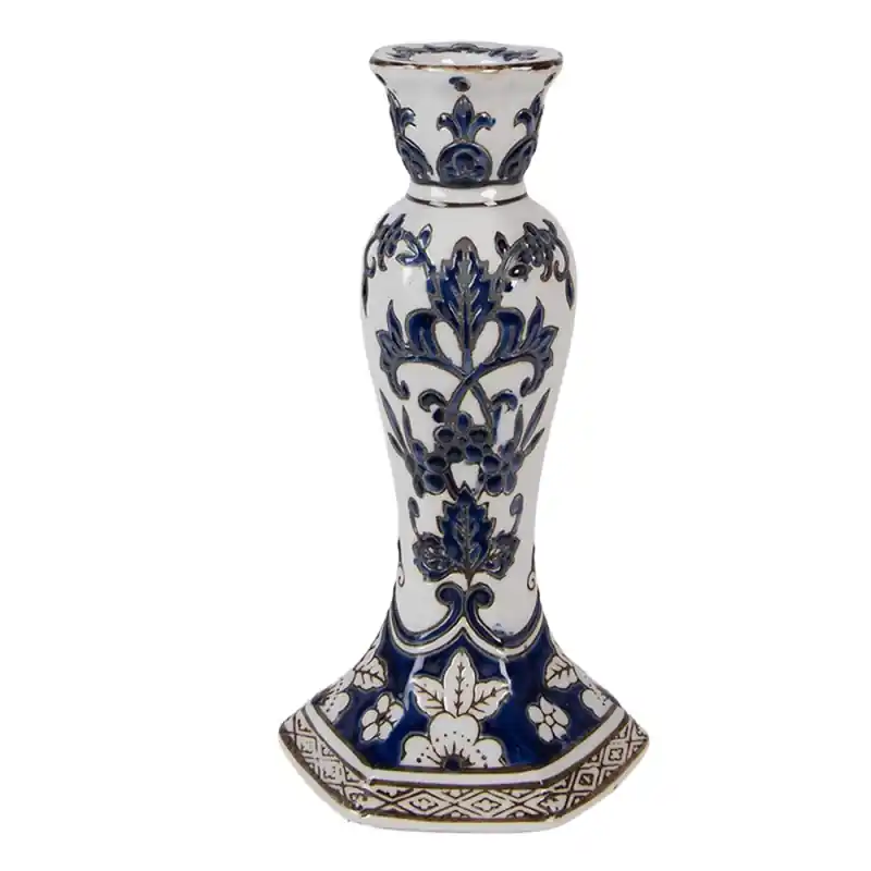 Lage Prijs Clayre & Eef Kandelaar Ø 11x21 cm Wit Blauw Porselein