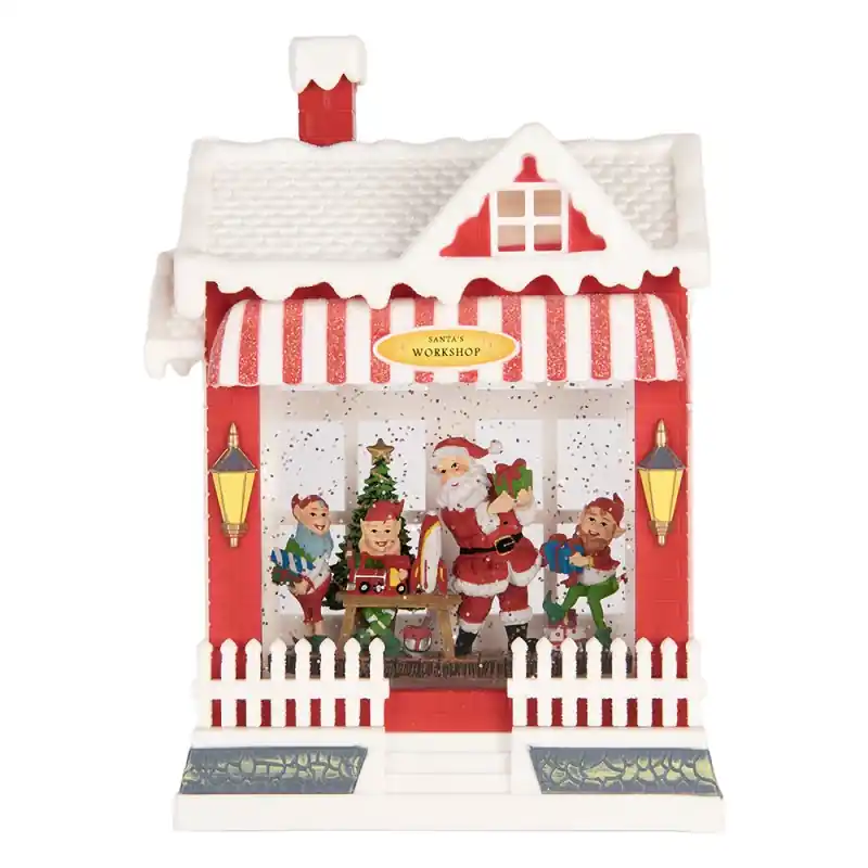 Clayre & Eef Kerstdecoratie met LED-verlichting en muziek Huis 18x9x26 cm / 3xAA Rood Kunststof Beperkte Voorraad