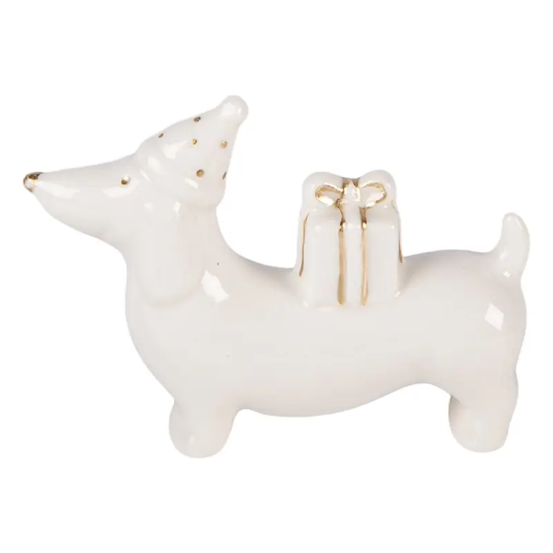 Direct Verzonden Clayre & Eef Kerstdecoratie Beeld Hond 8x2x5 cm Wit Porselein