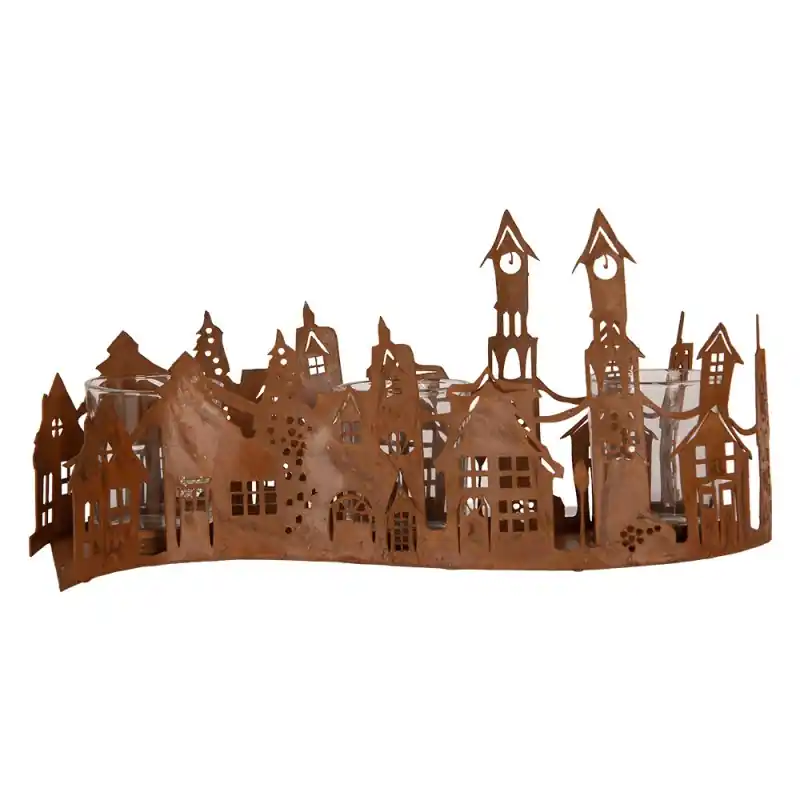Superprijs Clayre & Eef Waxinelichthouder Huis 27x8x12 cm Bruin Metaal