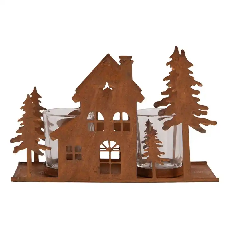 Clayre & Eef Waxinelichthouder Huis 20x8x12 cm Bruin Metaal Finale Uitverkoop