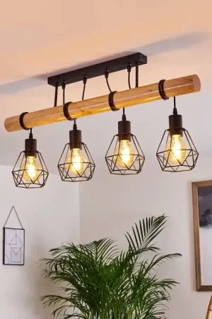 Yaak Plafondlamp Hout licht, Zwart, 4-lichts Laatste Versie