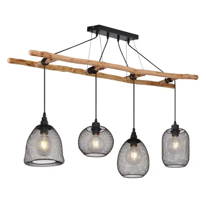 Koop Online Globo LIONI Hanger Hout licht, Zwart, 4-lichts