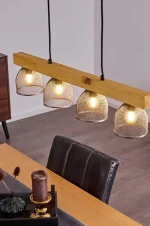Aanbieding Camotes Hanglamp Hout licht, Nikkel mat, 4-lichts