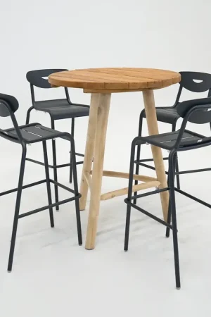 Bartafel Teak d90h110cm met 4 Smiley barstoelen antraciet Meest Verkocht