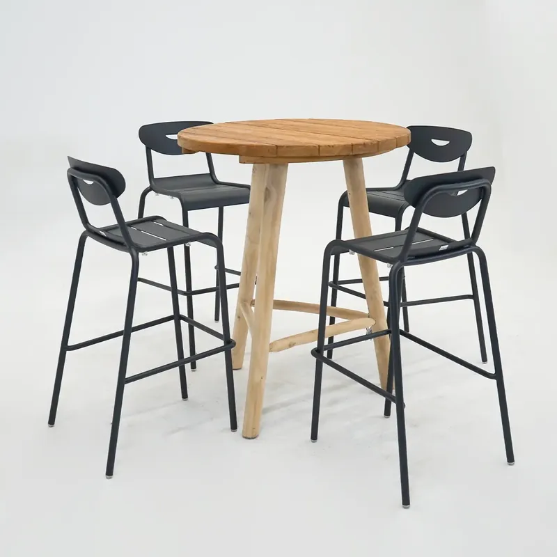 Bartafel Teak d90h110cm met 4 Smiley barstoelen antraciet Meest Verkocht