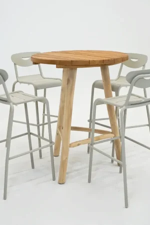 Bartafel Teak d90h110cm met 4 Smiley barstoelen crème Populair