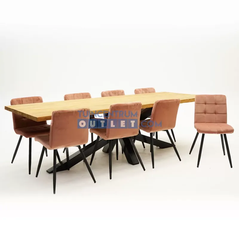 Eetkamertafel Spectral indoor teak 260x100 + Zachtroze velvet stoelen Speciale Aanbieding