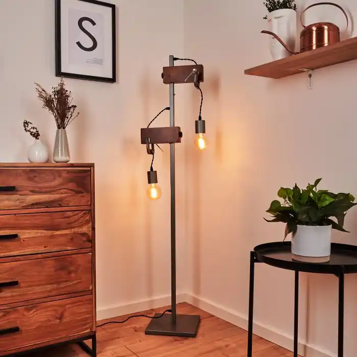Hautahi Staande lamp Grijs, Hout donker, 2-lichts Gecertificeerd