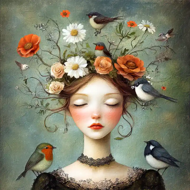 Merkproduct Vintage vrouw met vogels