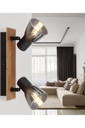 Shop Nu Globo CLAUDE Muurlamp Hout donker, Zwart, 2-lichts